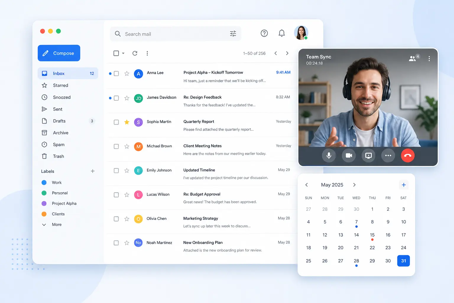Business email inbox, video meeting, and calendar on Google Workspace