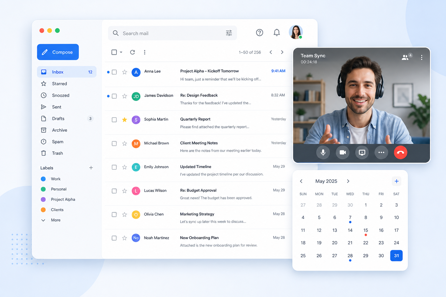 Business email inbox, video meeting, and calendar on Google Workspace